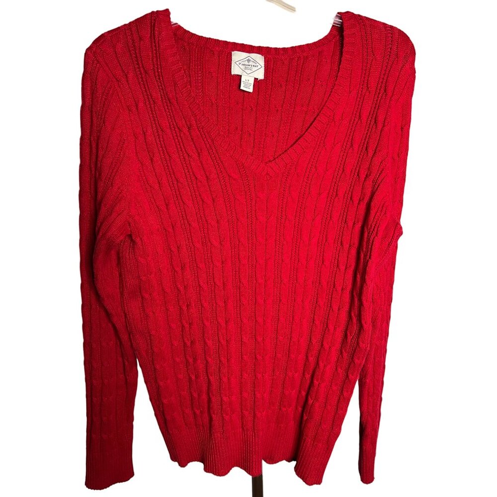 St John's Bay Size Large Red Cable Knit V-Neck Sweater Long Sleeve